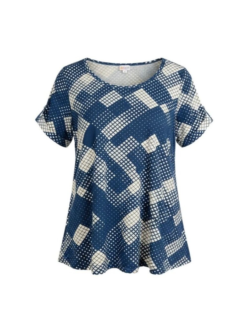 LuLaRoe Womens Blue & White Geometric Print Short Sleeve Tunic Top XL